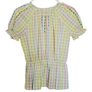 🟢1388 * Girls Checkered Blouse Green Yellow Size Unknown Hsndmade Vintage